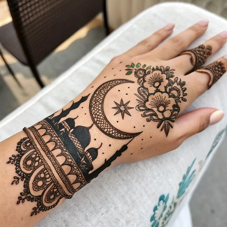 Traditional Eid festival henna design showcasing decorative floral and vine motifs