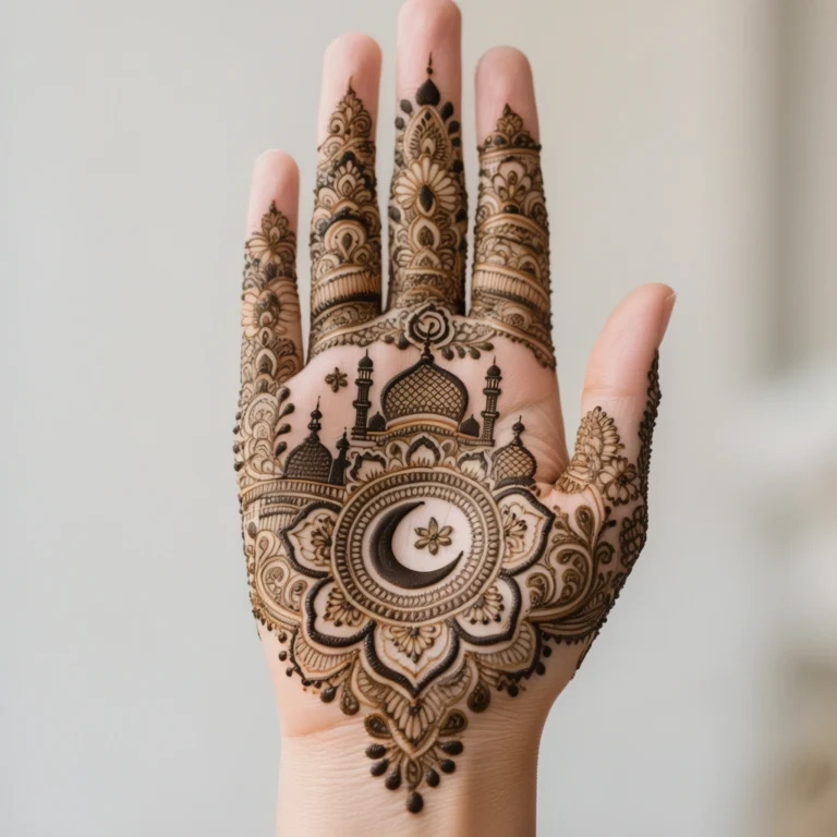Elegant front hand mehndi design for Eid celebrations with intricate henna artwork