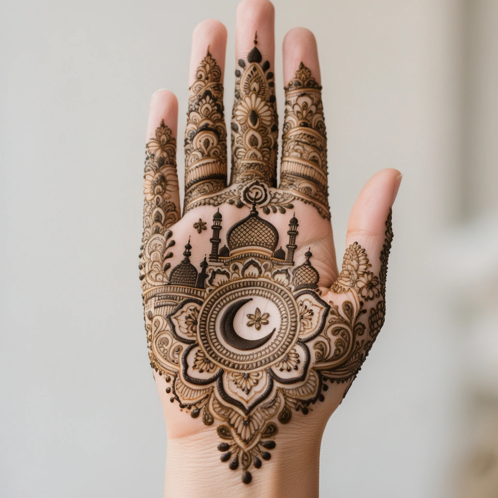 Elegant front hand mehndi design for Eid celebrations with intricate henna artwork
