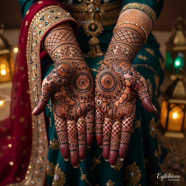 Elegant full hand henna design for Eid celebrations with decorative floral motifs
