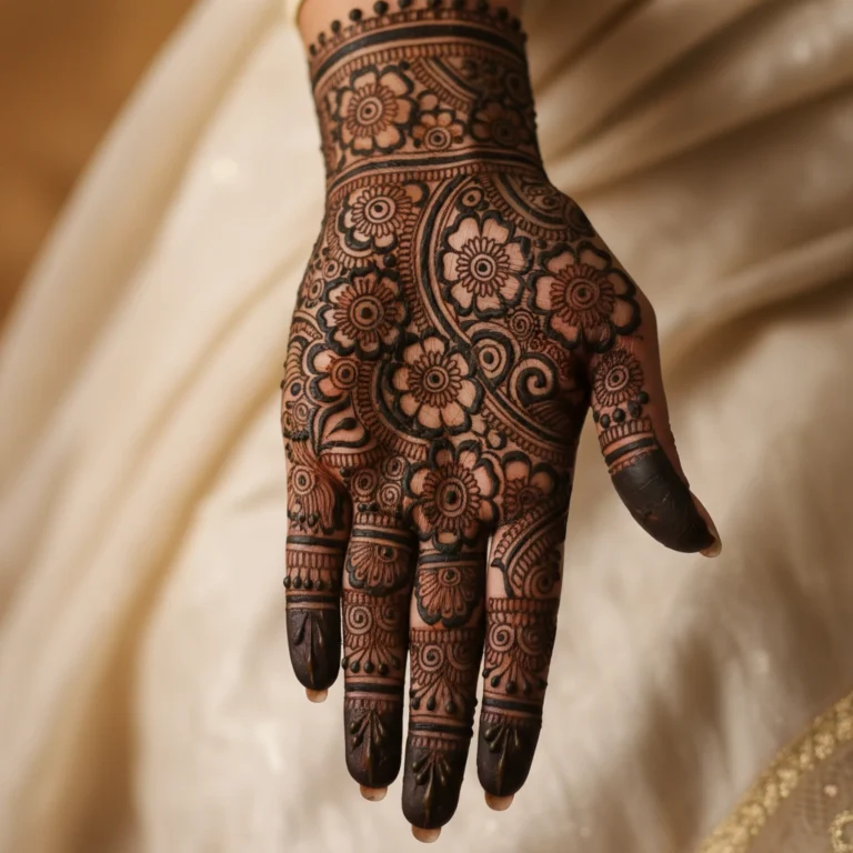 Full hand heavy Eid mehndi design with detailed decorative floral henna patterns