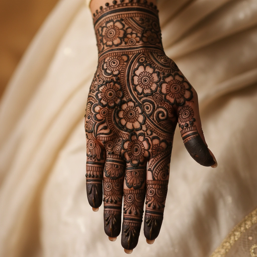 Full hand heavy Eid mehndi design with detailed decorative floral henna patterns