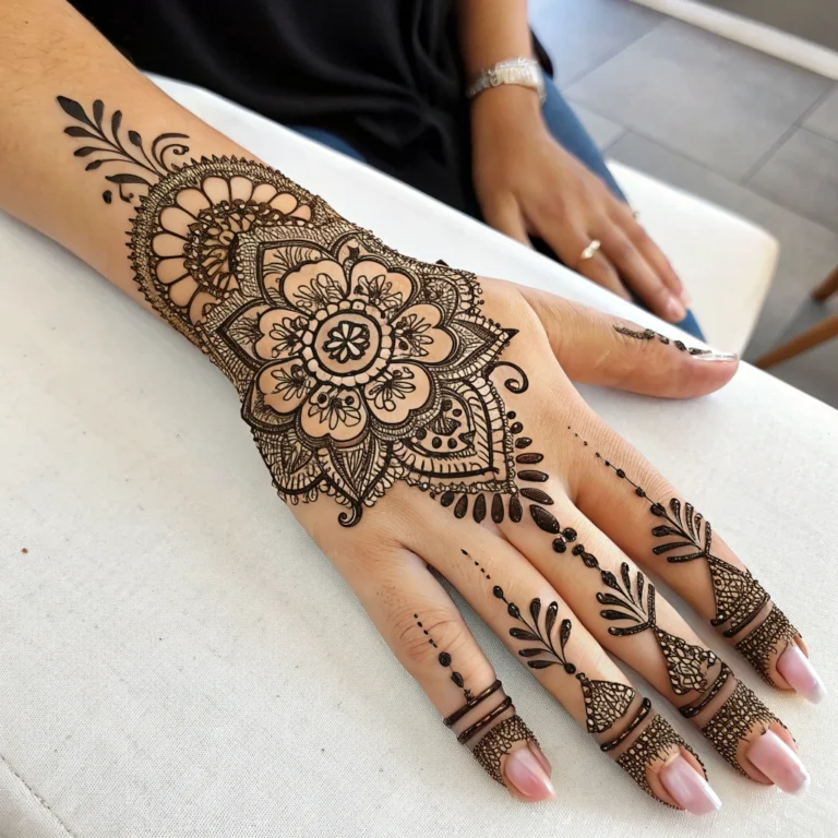 Eid leaf pattern mehndi design with elegant botanical henna artwork