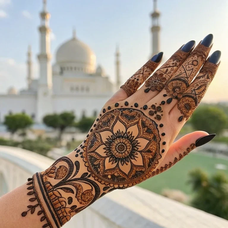 Beautiful modern Eid mehndi design featuring intricate floral henna patterns