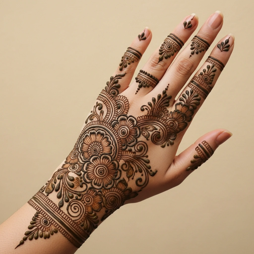 Modern Eid mehndi design with elegant floral henna patterns
