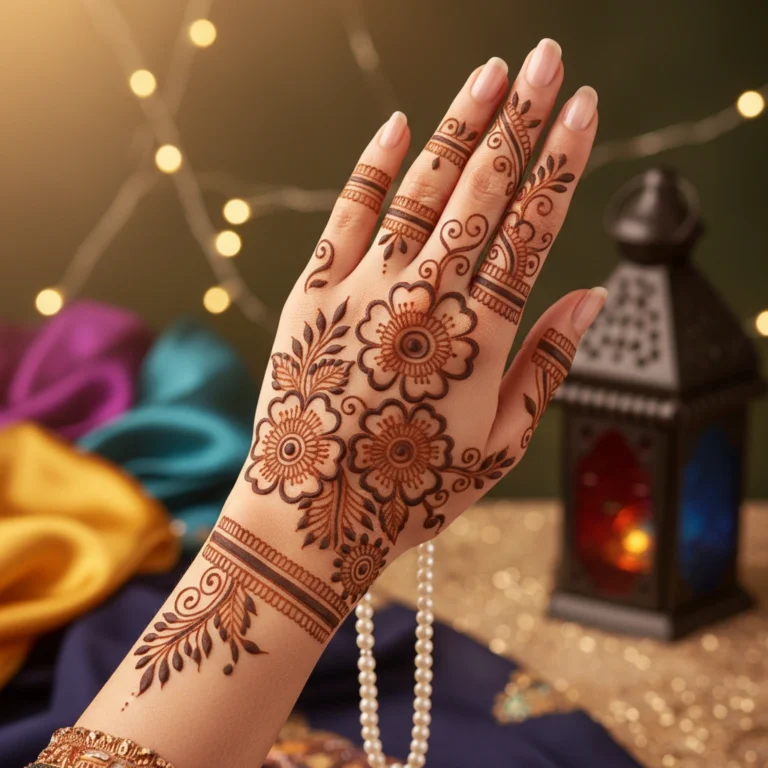 Beautiful Eid mehndi design featuring intricate rose flower henna patterns