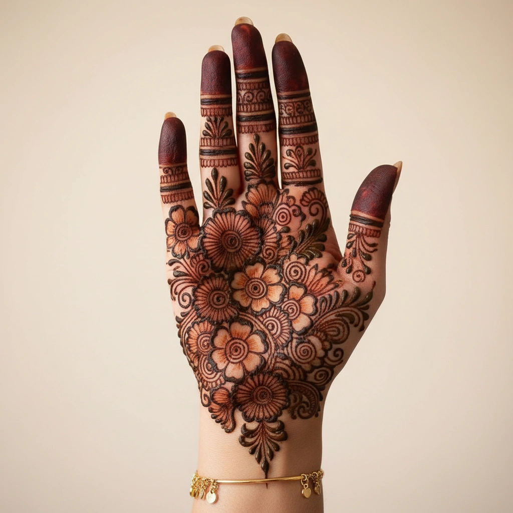 Trendy pattern Eid mehndi design with elegant floral henna artwork