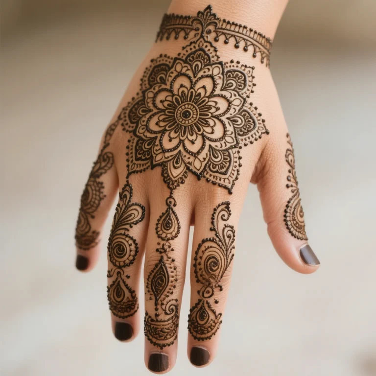 Eid mehndi design with elegant vine pattern and floral henna artwork
