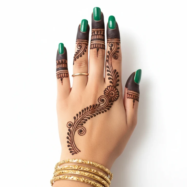 Arabic finger mehndi design with elegant floral and leafy henna patterns