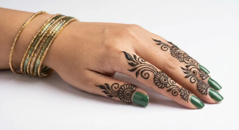 Artistic finger mehndi design with elegant floral and intricate henna patterns
