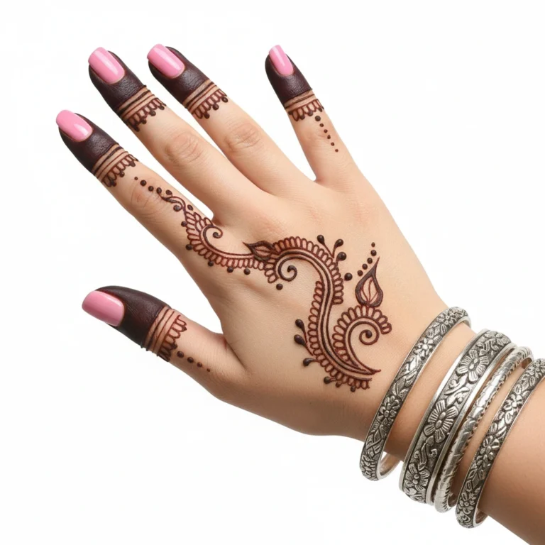 Beautiful back hand finger mehndi design featuring intricate and stylish henna artwork