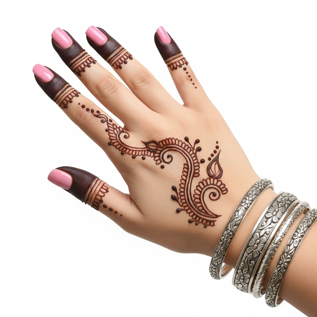 Beautiful back hand finger mehndi design featuring intricate and stylish henna artwork