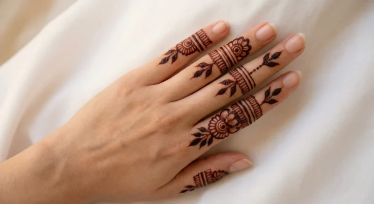 Finger mehndi design with elegant bracelet style henna patterns