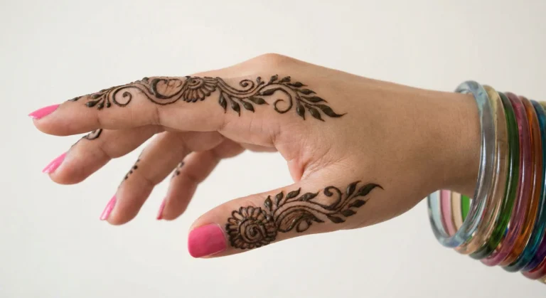 Artistic finger mehndi design with elegant chain links and floral henna artwork