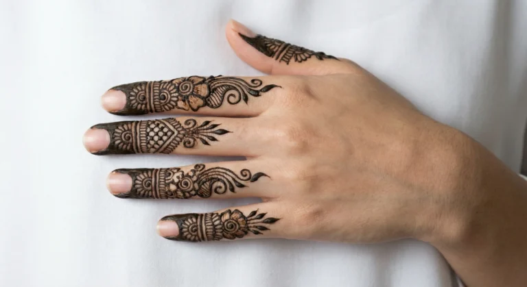 Stylish creative finger mehndi design with intricate decorative patterns