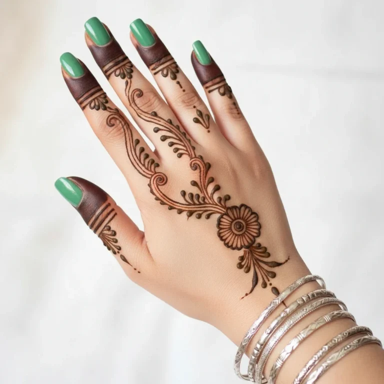 Simple finger mehndi design with delicate leafy and floral patterns