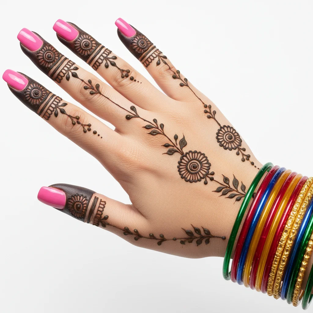 Beautiful finger mehndi design featuring elegant floral henna artwork