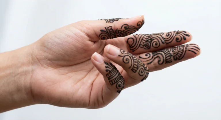 Elegant finger mehndi design with intricate decorative henna patterns