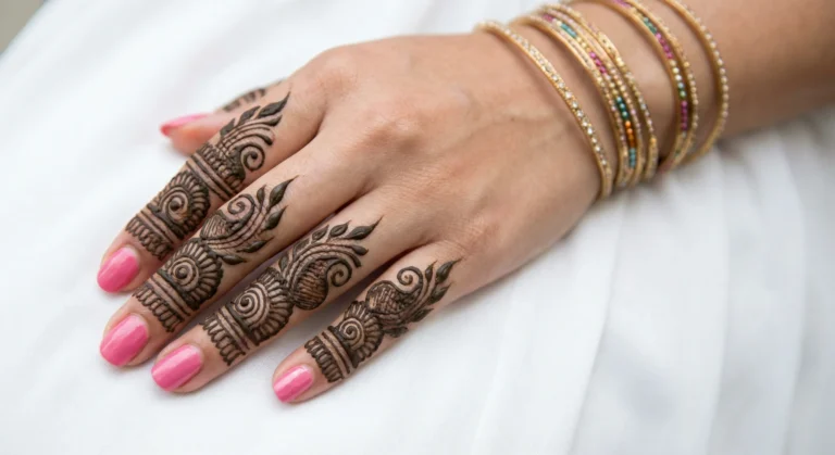 Fashionable finger mehndi design with elegant floral henna patterns