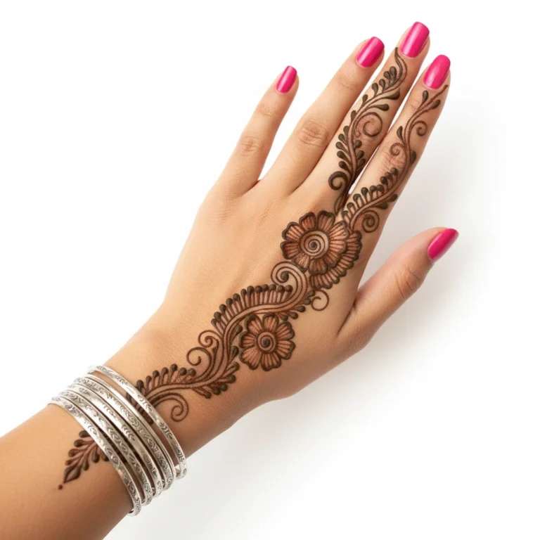 Modern finger mehndi design with decorative floral henna artwork for girls