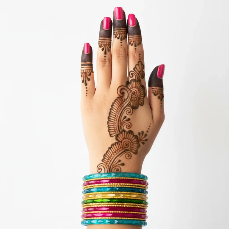 Finger mehndi design with elegant flower pattern and floral henna artwork