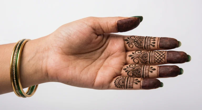 Front hand finger mehndi design with elegant floral henna patterns