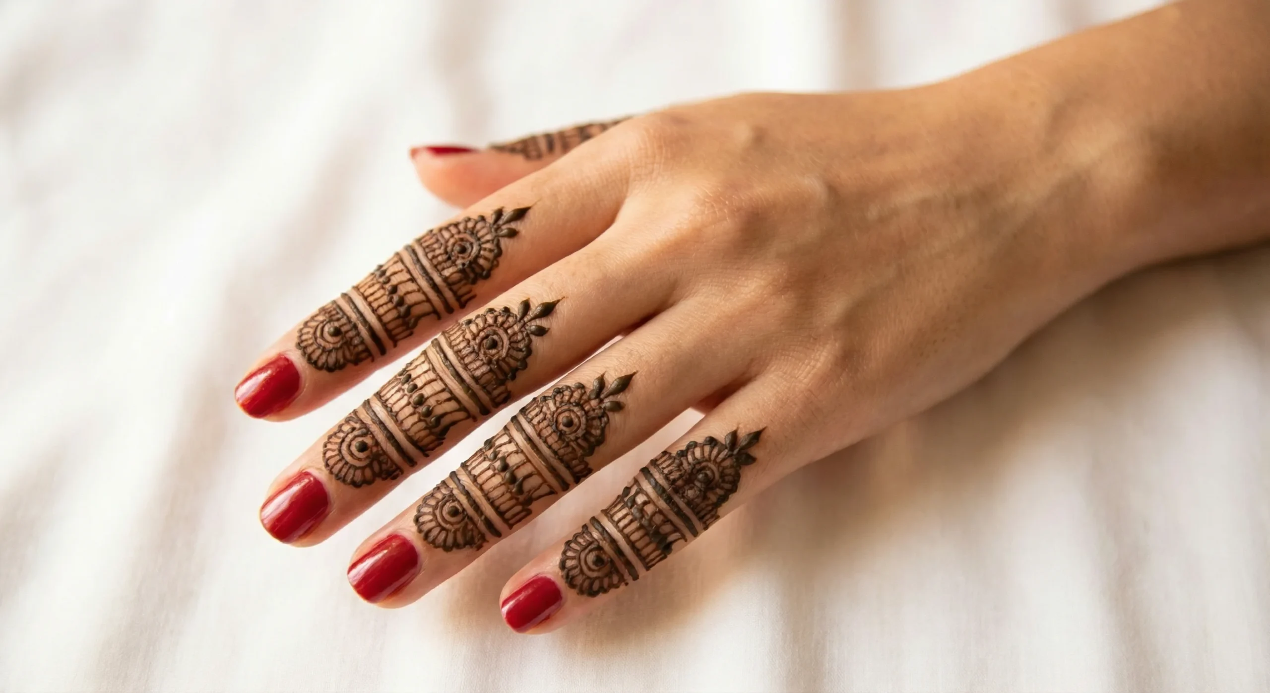 Modern finger mehndi design with intricate jewelry-inspired henna patterns for girls