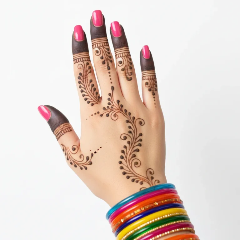 Trendy finger mehndi design with intricate leaf vines and ornamental henna artwor
