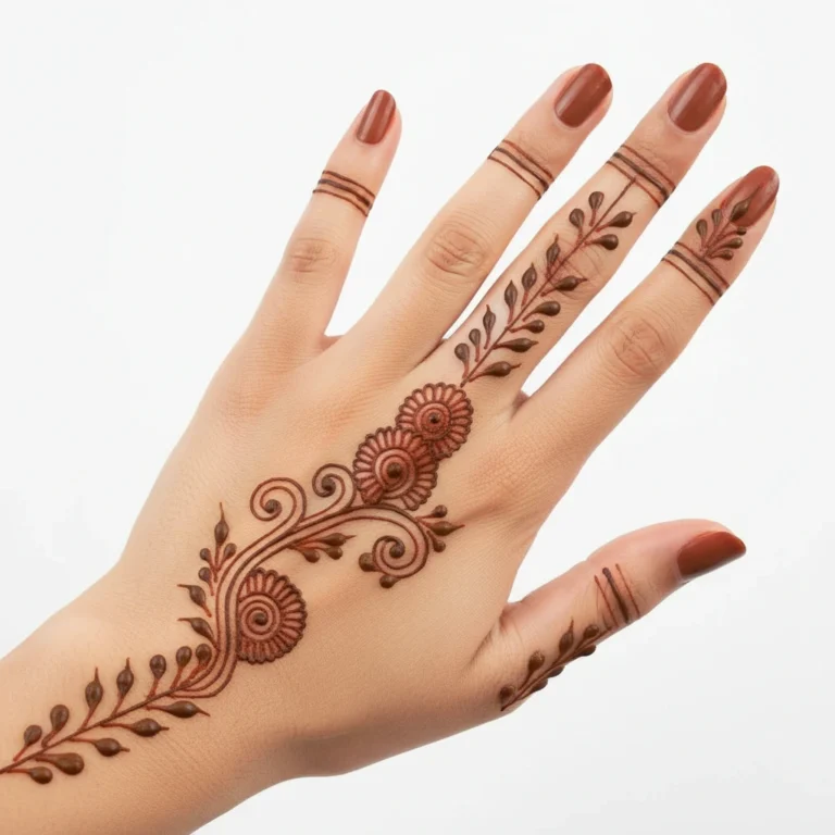 Creative modern finger mehndi design with elegant floral and paisley henna motifs