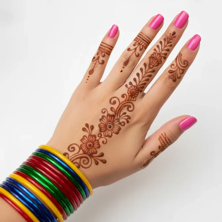 Modern floral finger mehndi design with elegant flower henna patterns