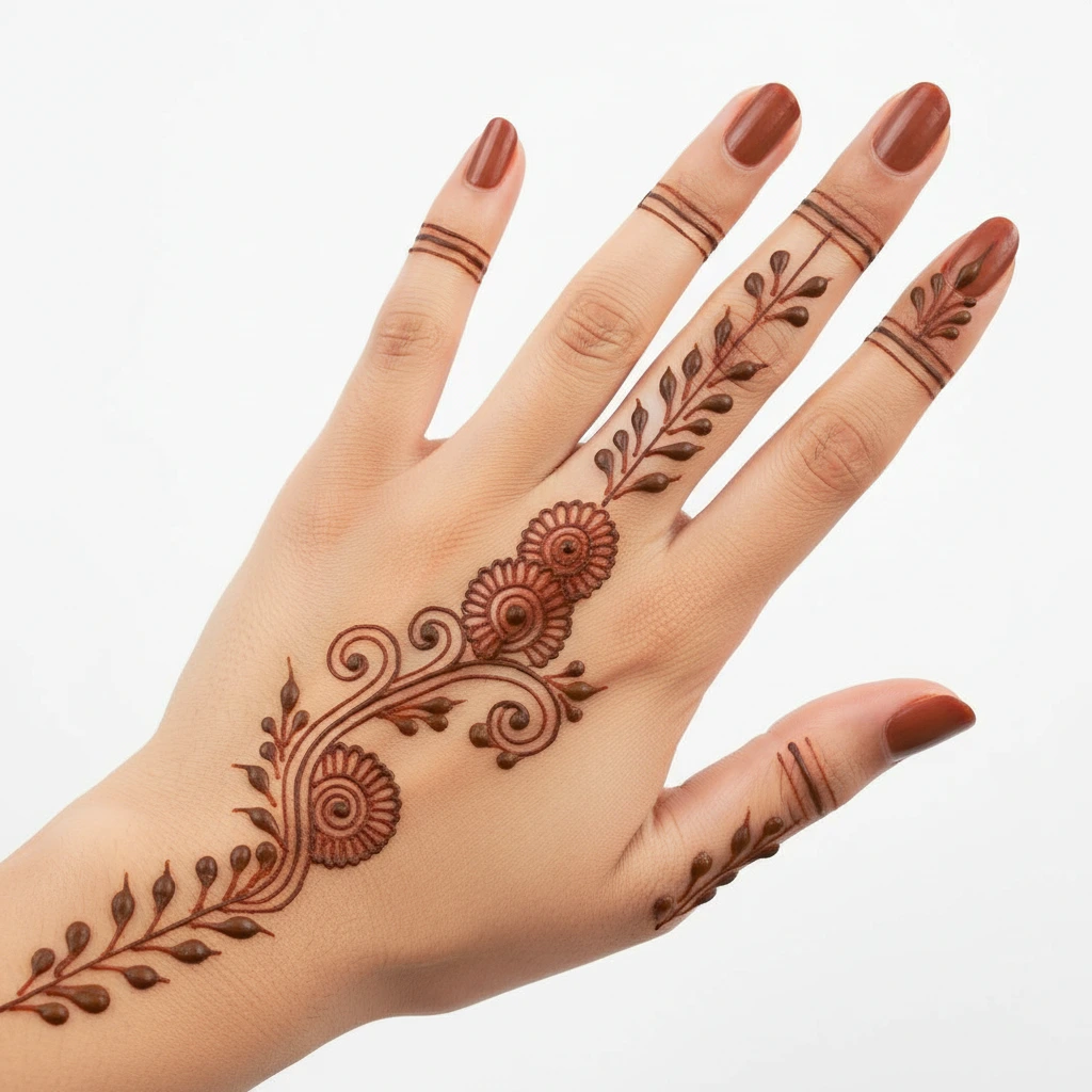 Creative modern finger mehndi design with elegant floral and paisley henna motifs