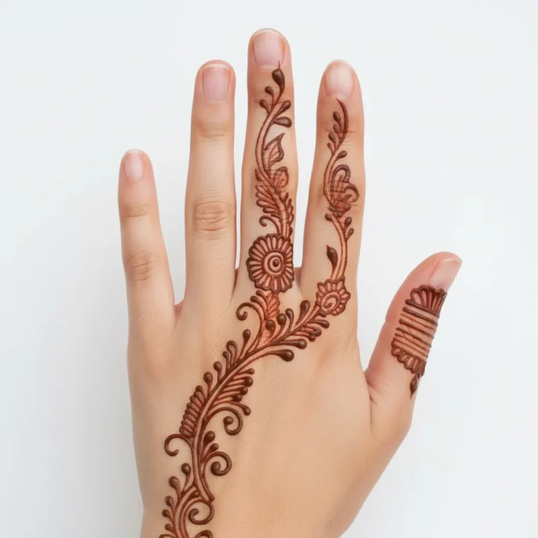 Simple floral finger mehndi design with elegant flower henna patterns