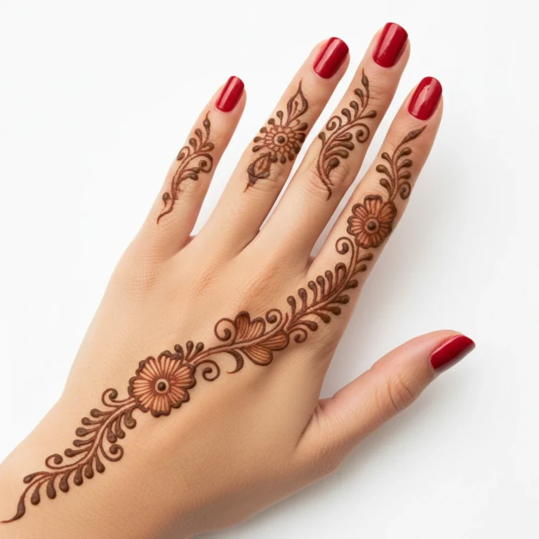 Modern finger mehndi design with stylish flower and vine henna patterns