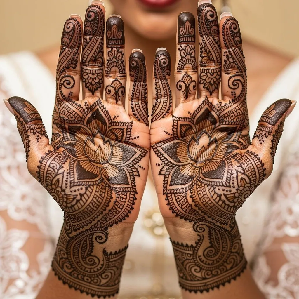 Arabic bridal front hand mehndi design with intricate floral and traditional henna patterns