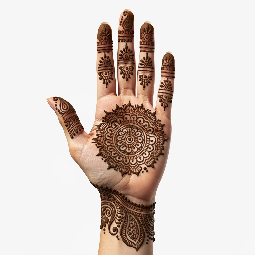 Arabic front hand mehndi design with elegant floral and leafy henna patterns