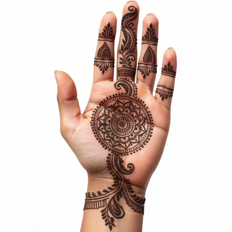 Beautiful front hand mehndi design featuring artistic henna artwork and decorative details