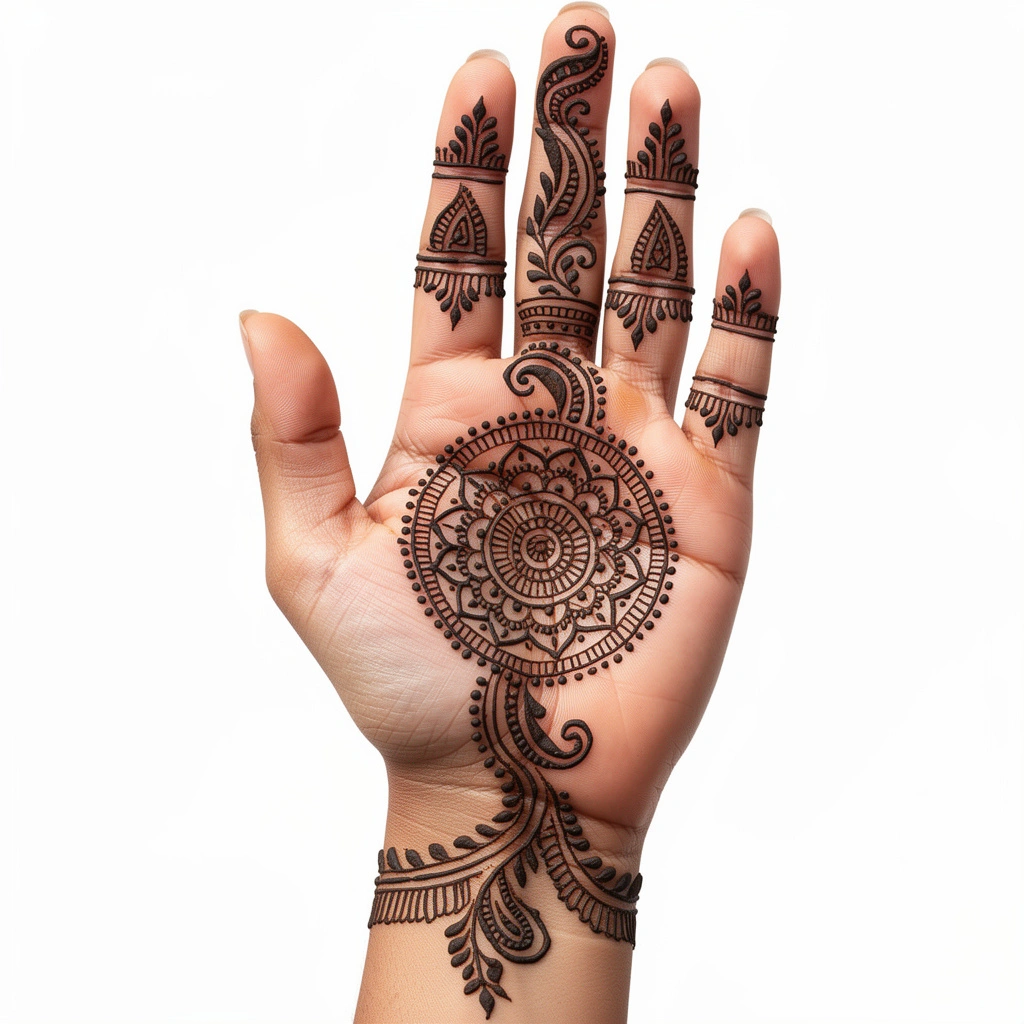 Beautiful front hand mehndi design featuring artistic henna artwork and decorative details