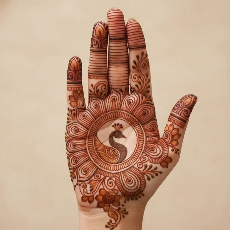 Simple front hand mehndi design with beautiful floral and leafy patterns