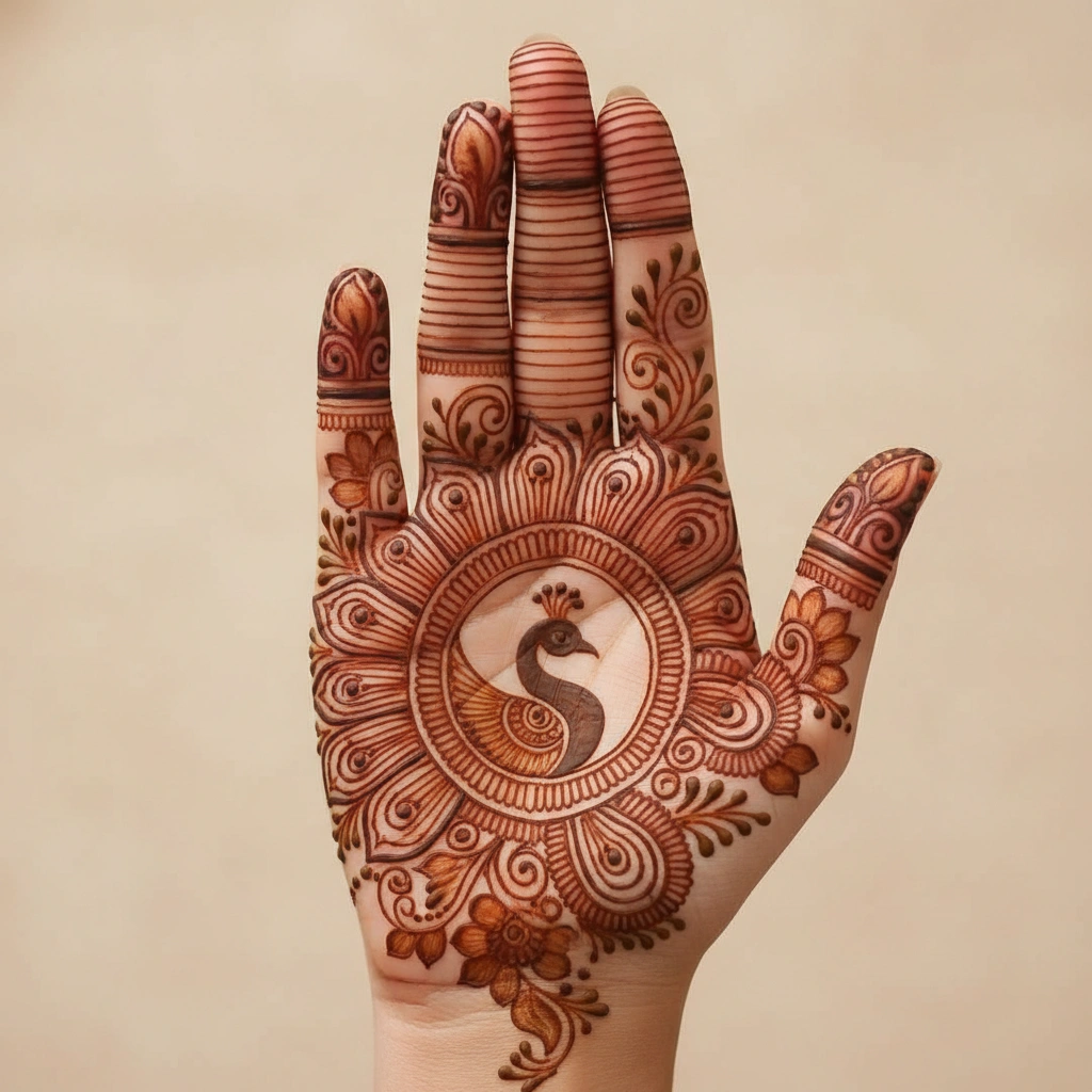 Simple front hand mehndi design with beautiful floral and leafy patterns