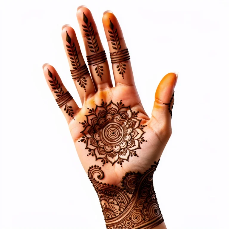 Beautiful bridal front hand mehndi design featuring elegant wedding henna artwork