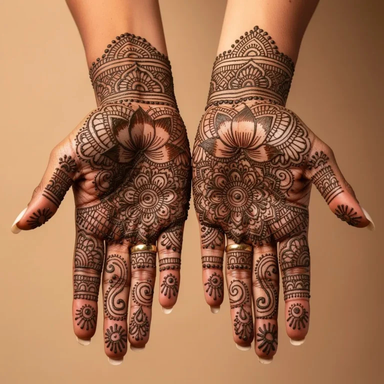 Bridal style front hand mehndi design with intricate floral henna patterns
