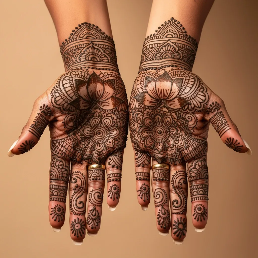 Bridal style front hand mehndi design with intricate floral henna patterns