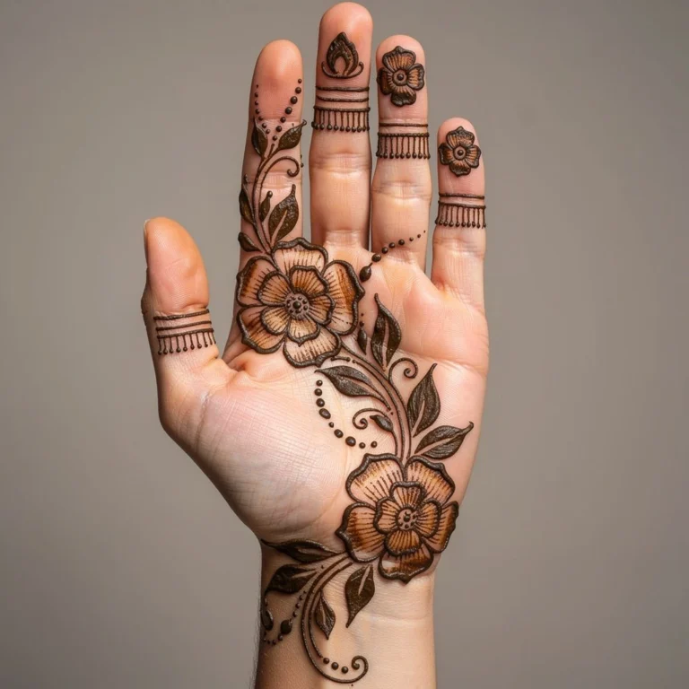 Front hand mehndi design with elegant chain pattern and floral henna artwork