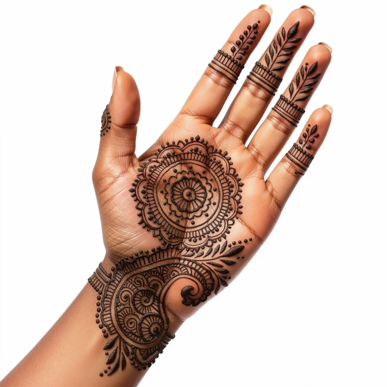 Beautiful front hand mehndi design featuring creative floral and leafy henna artwork
