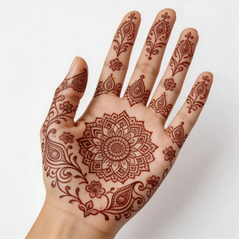Beautiful ethnic front hand mehndi design featuring intricate traditional henna artwork