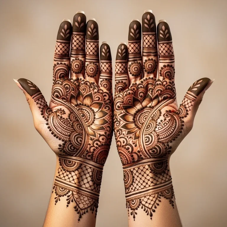 Traditional front hand henna design showcasing an elegant festive floral artwork