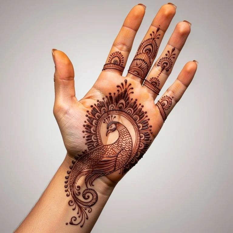 Front hand bridal mehndi design with elegant floral henna patterns
