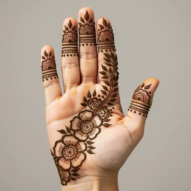Stylish front hand mehndi design with decorative flower and vine henna patterns