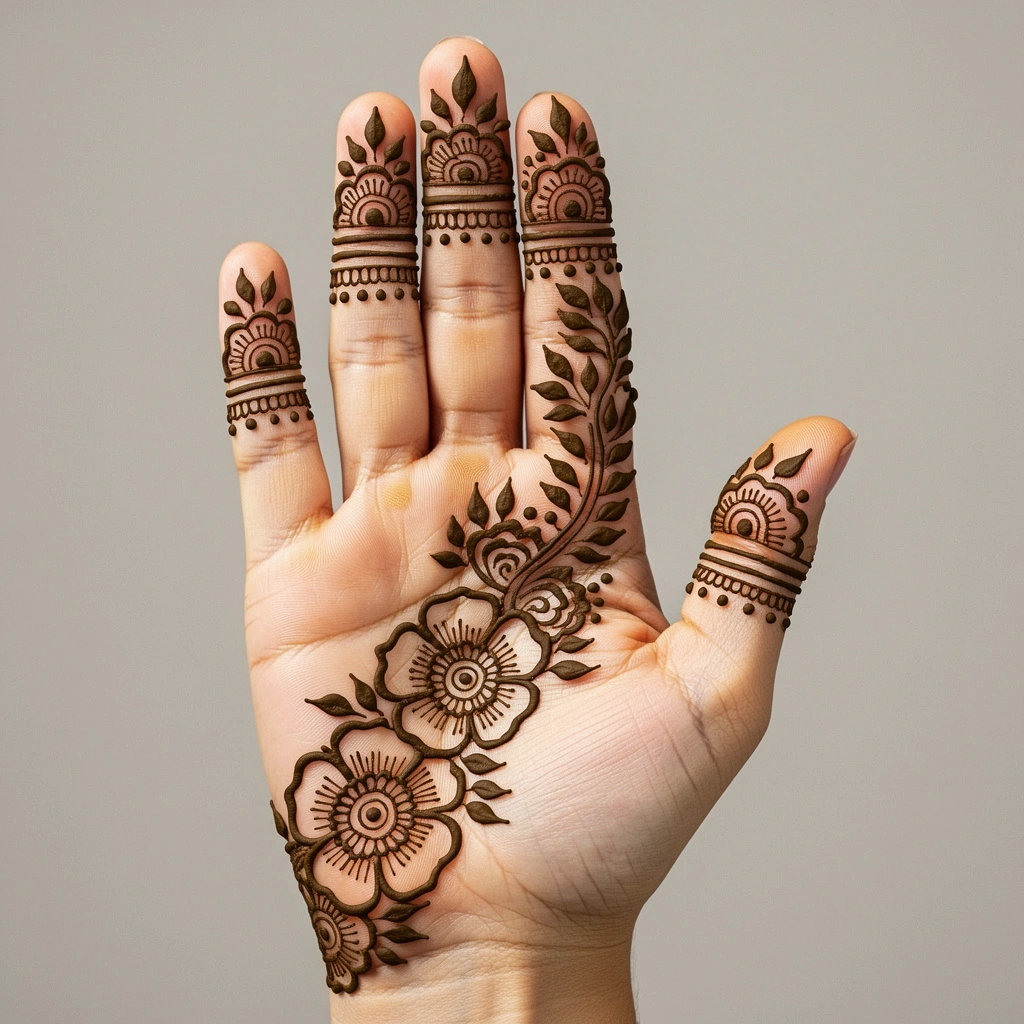 Stylish front hand mehndi design with decorative flower and vine henna patterns
