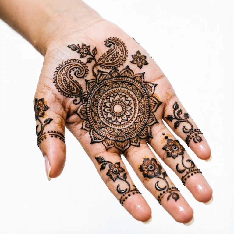 Beautiful front hand mehndi design featuring intricate floral henna artwork